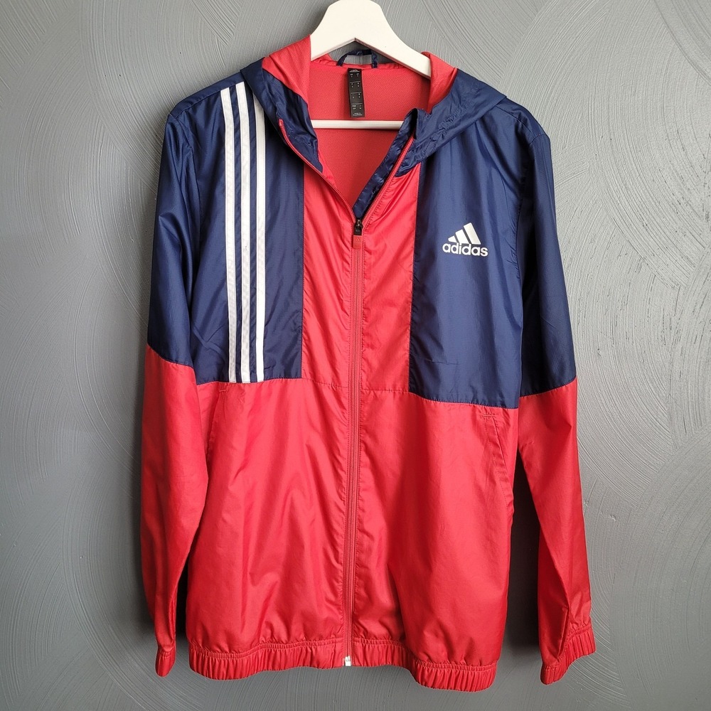 ADIDAS Jacket Mens Size SMALL Axis Windbreaker Full Zip Red Blue Stripe Hooded